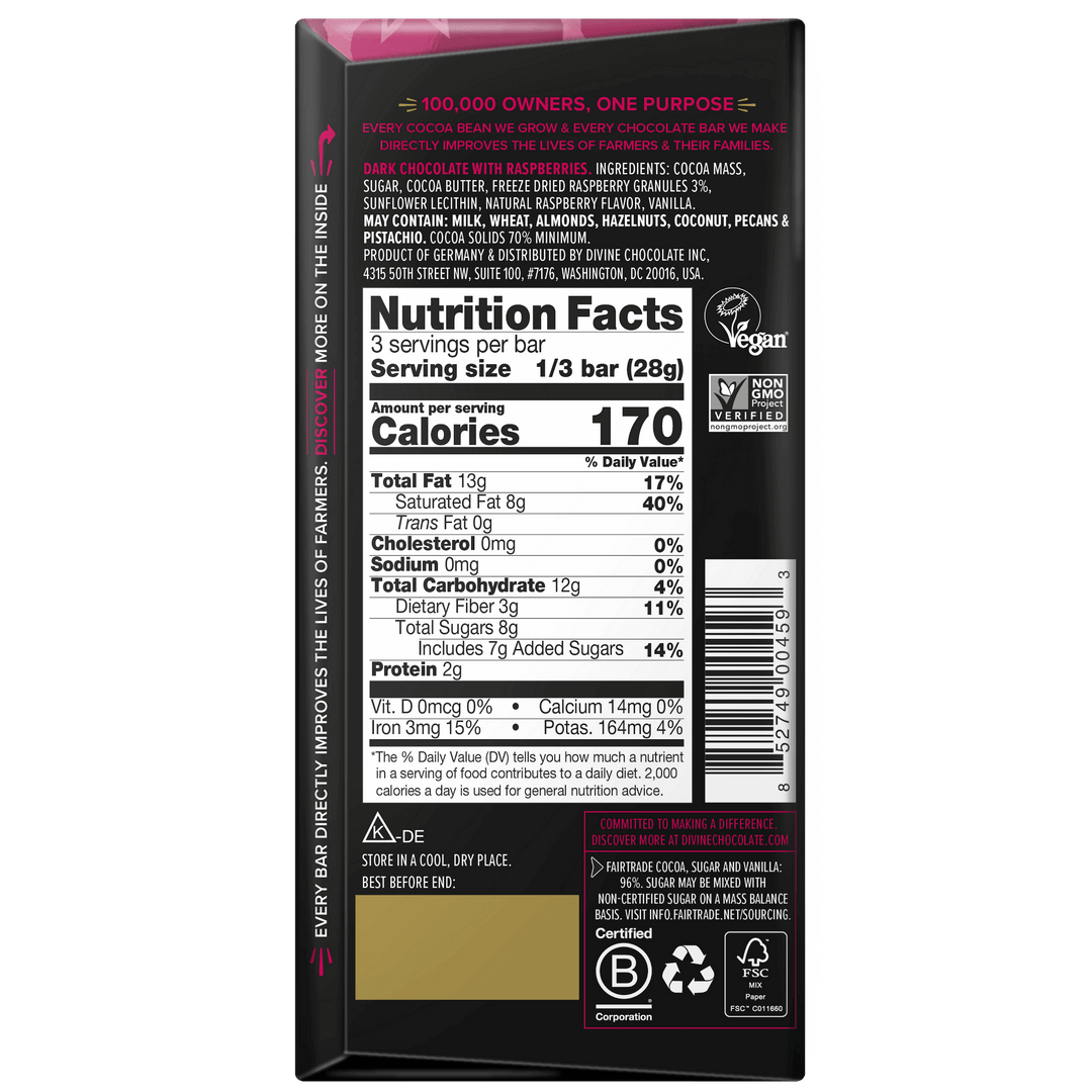 70% Dark Chocolate with Raspberries Sharing Bar, 3 oz.