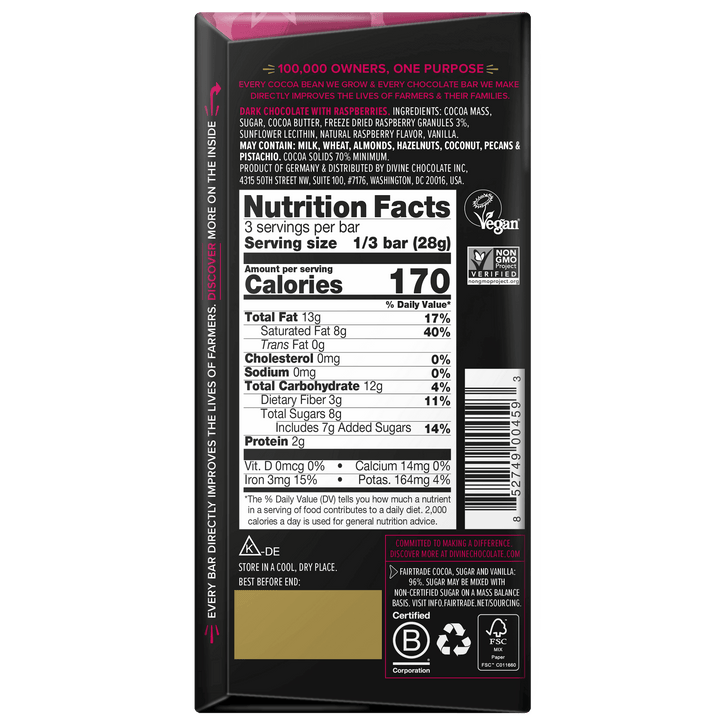 70% Dark Chocolate with Raspberries Sharing Bar, 3 oz.