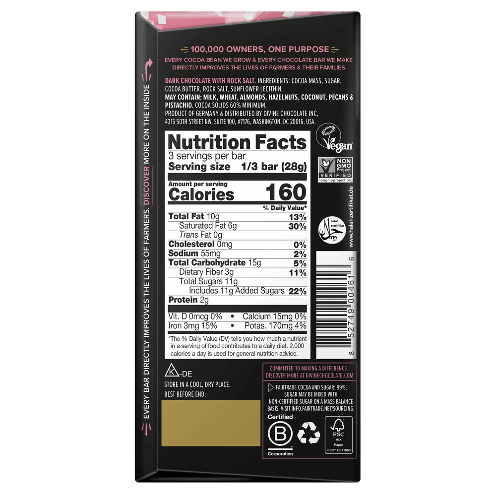 60% Dark Chocolate with Pink Himalayan Salt Sharing Bar, 3 oz.