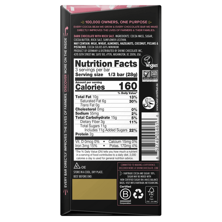 60% Dark Chocolate with Pink Himalayan Salt Sharing Bar, 3 oz.