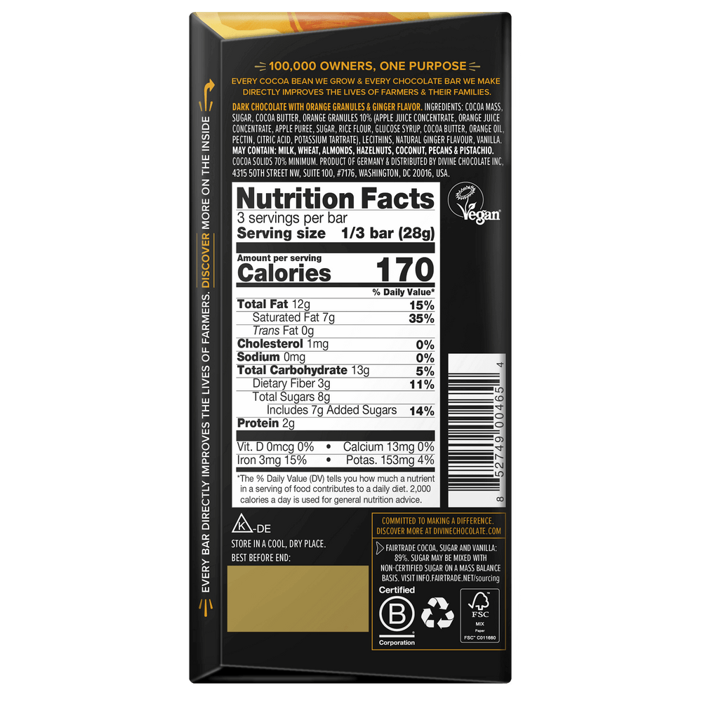 70% Dark Chocolate with Ginger & Orange Sharing Bar, 3 oz.