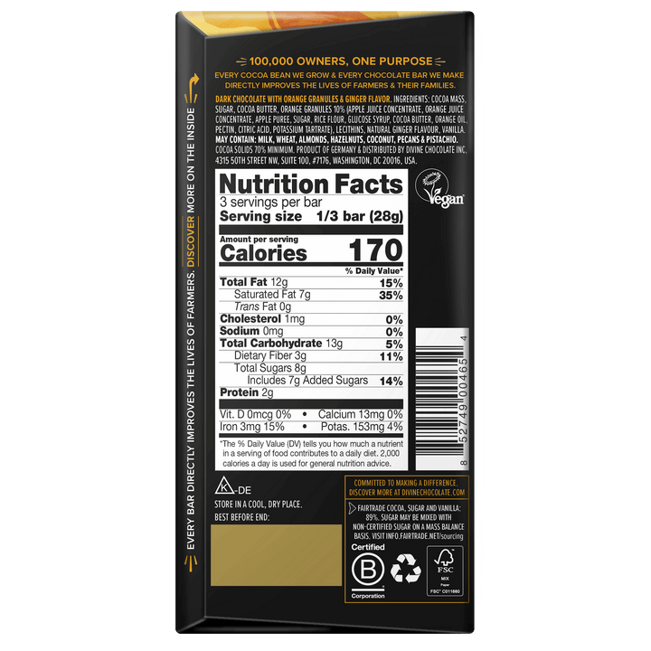 70% Dark Chocolate with Ginger & Orange Sharing Bar, 3 oz.